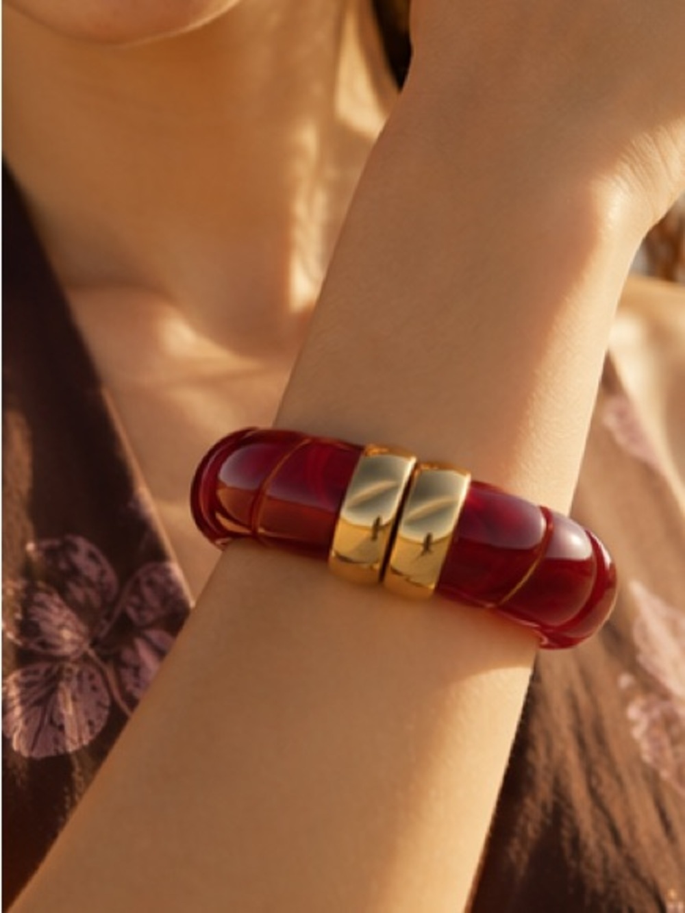 Burgundy Wine Red Gold Cuff Bracelet